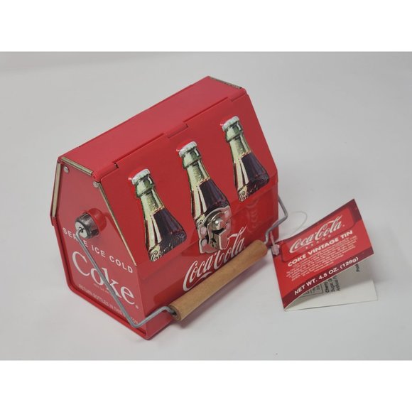 Small Tin Coca Cola LunchboxLunchPail Opens And Closes On Both Sides Wood Handle - Picture 1 of 12